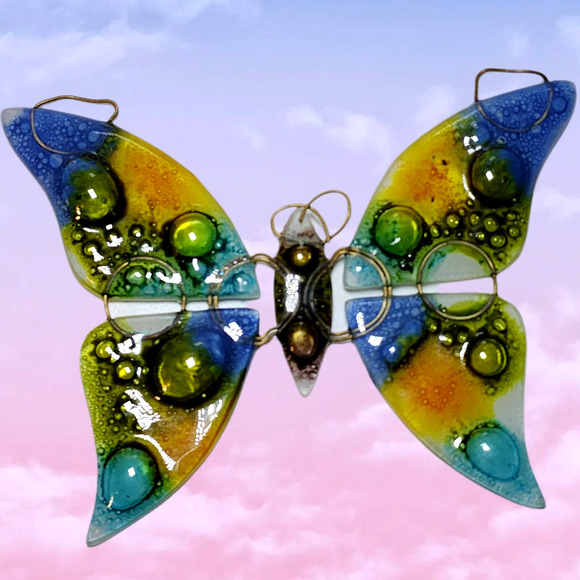 Hand-blown Fused Glass Butterfly Metal Accents Suncatcher Stained Glass - Picture 2 of 7